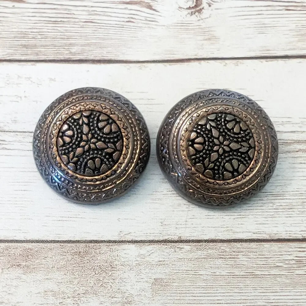 Vintage Clip On Earrings - Large and Ornate Patterned Domed Circle